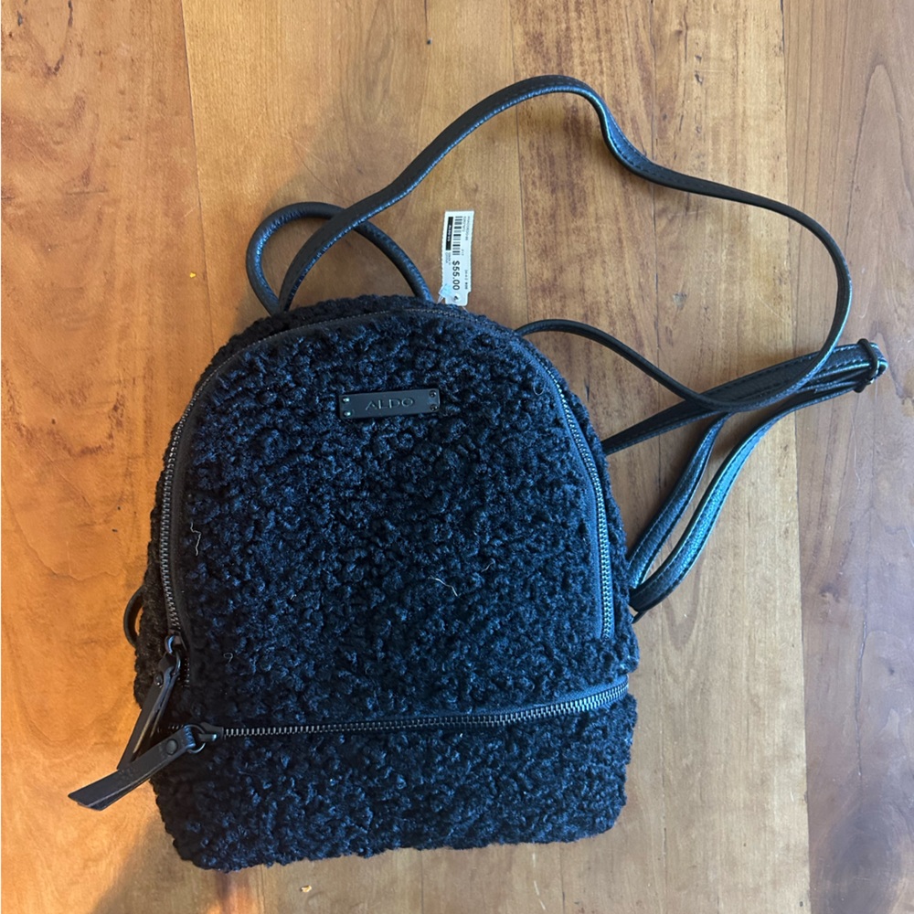Aldo Women’s Black Sherpa Fleece Mini Backpack Adjustable Faux Leather Trim